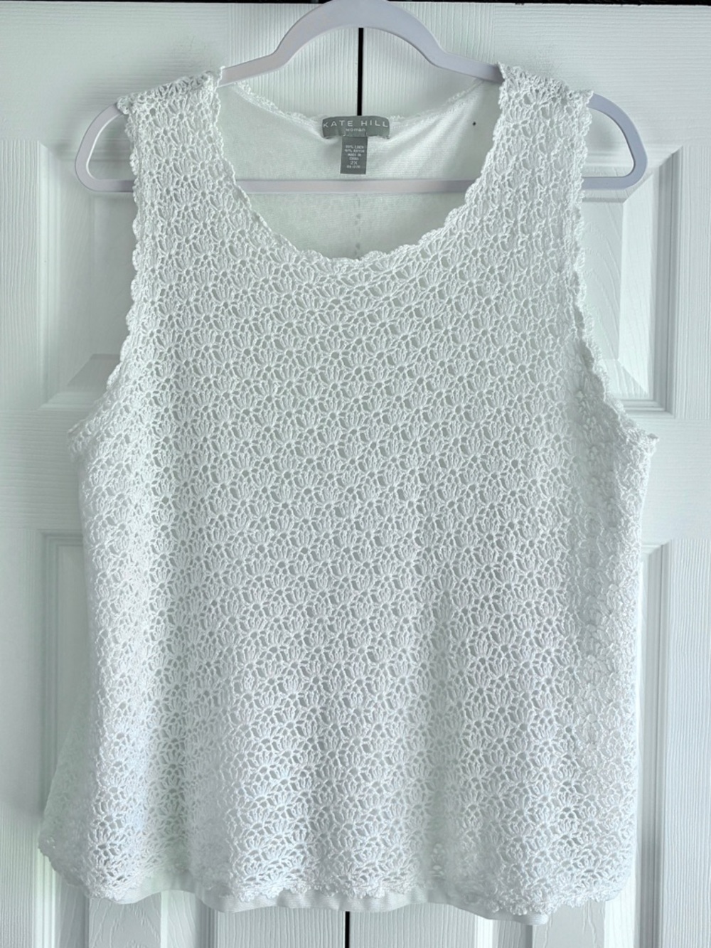 Kate Hill Linen Blend White Lace Tank Top 2X Sleeveless Crochet Overlay Summer